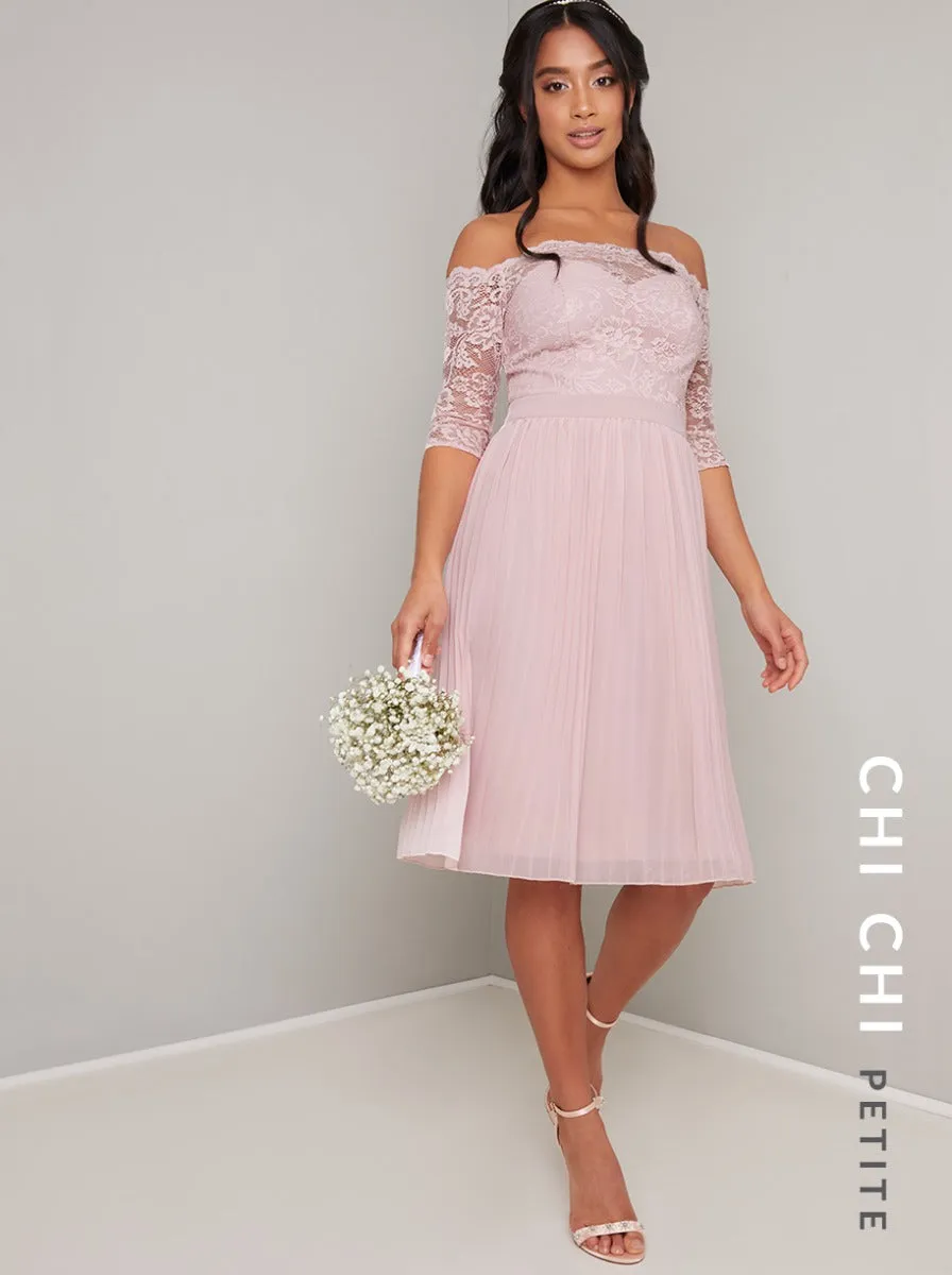 Petite Lace Bardot Pleat Midi Dress in Pink sold by Chi Chi London