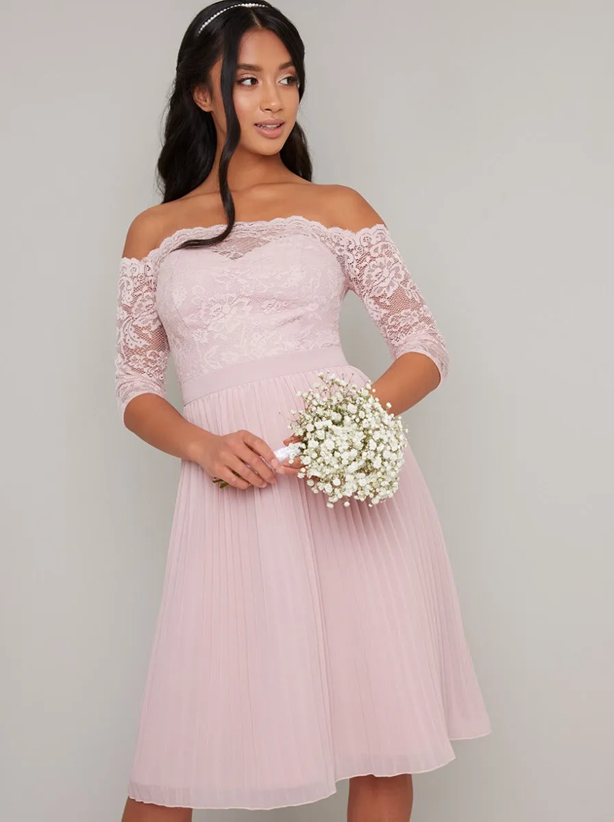 Petite Lace Bardot Pleat Midi Dress in Pink sold by Chi Chi London product image thumbnail 2