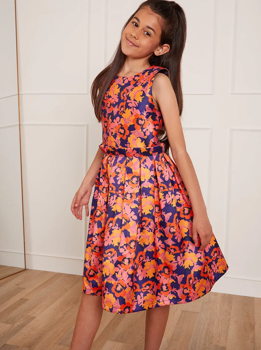 Older Girls Floral Abstract Midi Dress in Blue sold by Chi Chi London