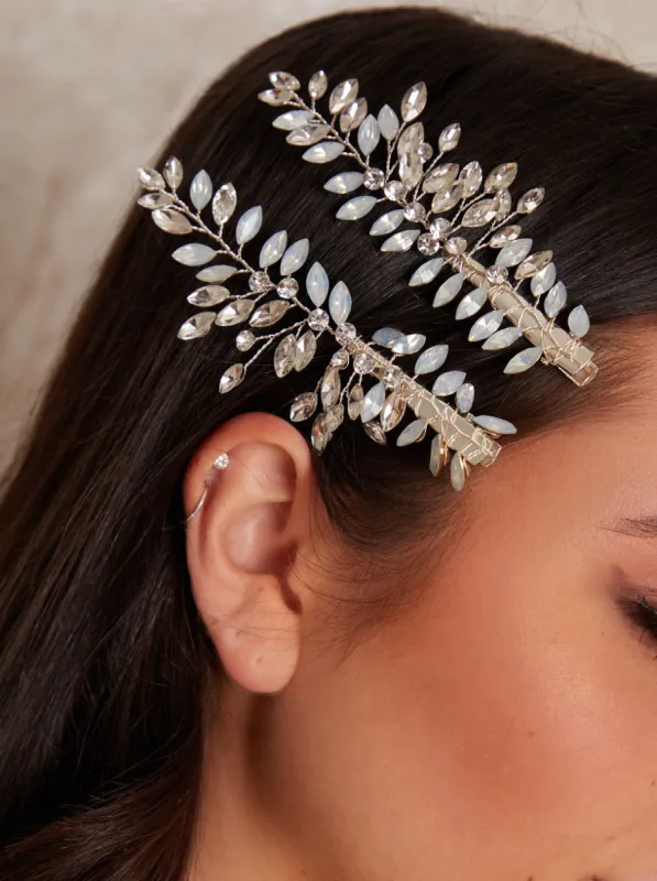 Gemstone Twin Pack Hair Clips in Silver Tone sold by Chi Chi London