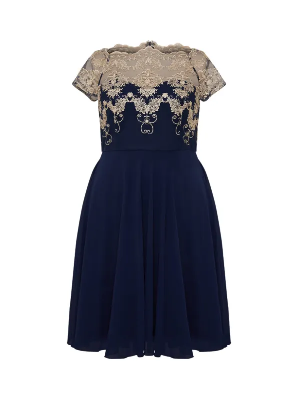 Plus Size Lace Bodice Skater Dress in Navy sold by Chi Chi London