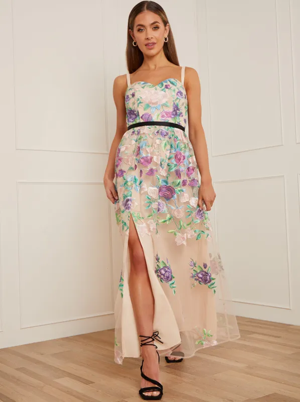 Floral Embroidered Maxi Dress in Cream sold by Chi Chi London