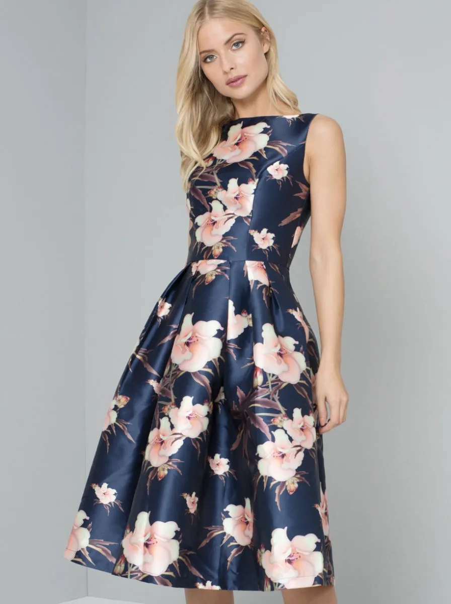 Graphic Floral Print Pleated Skirt Midi Dress in Navy Blue sold by Chi Chi London product image thumbnail 3
