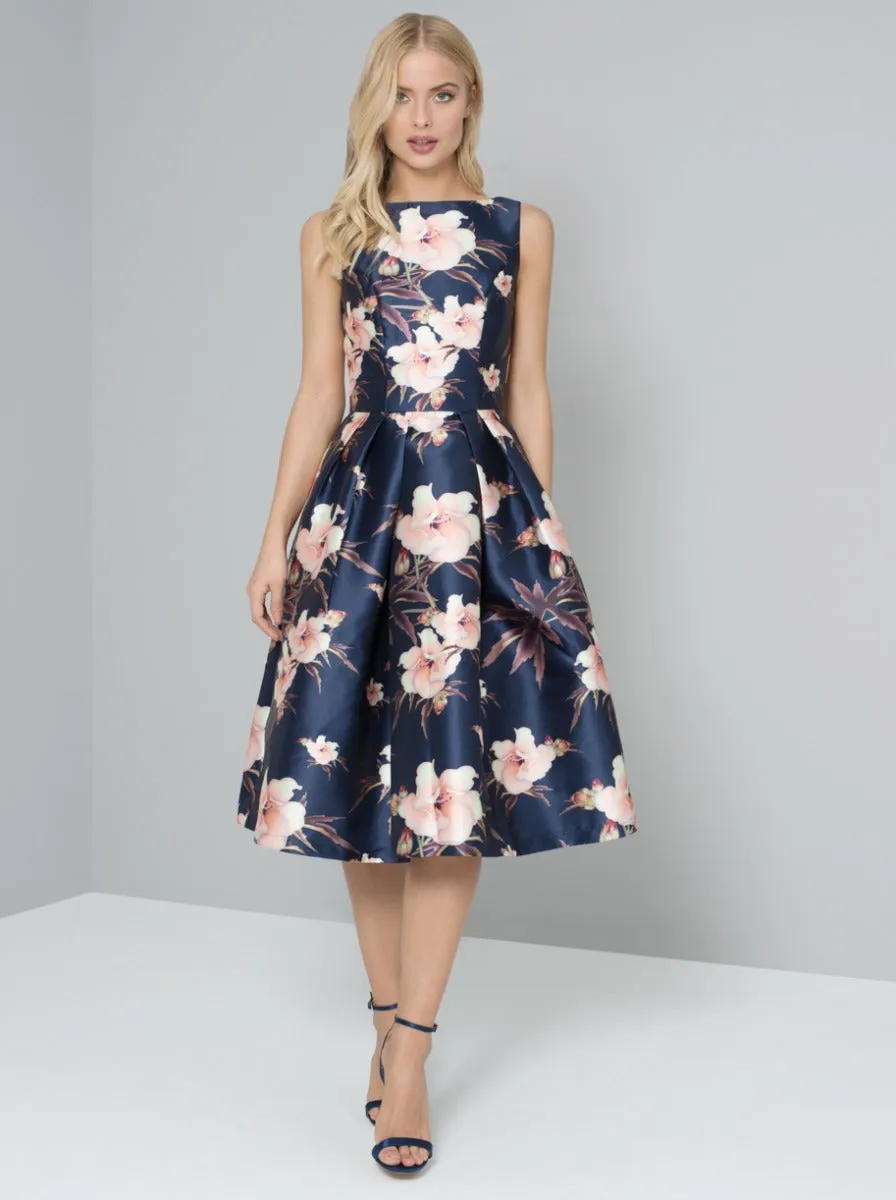 Graphic Floral Print Pleated Skirt Midi Dress in Navy Blue sold by Chi Chi London