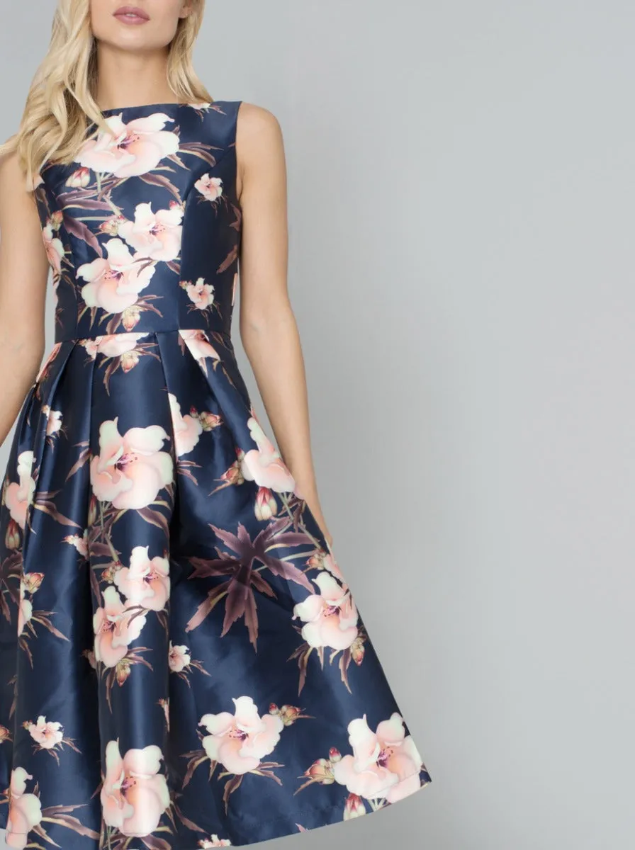 Graphic Floral Print Pleated Skirt Midi Dress in Navy Blue sold by Chi Chi London product image thumbnail 2
