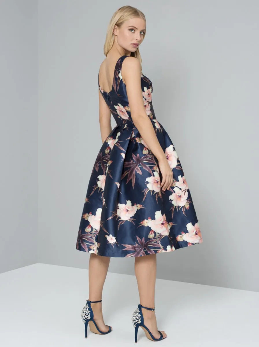 Graphic Floral Print Pleated Skirt Midi Dress in Navy Blue sold by Chi Chi London product image thumbnail 4