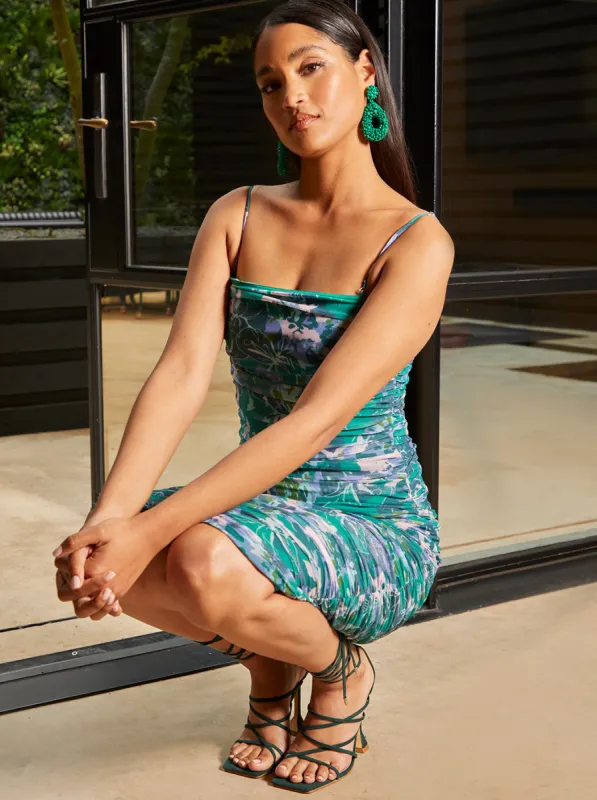 Cami Abstract Floral Print Ruched Bodycon Midi Dress in Green sold by Chi Chi London