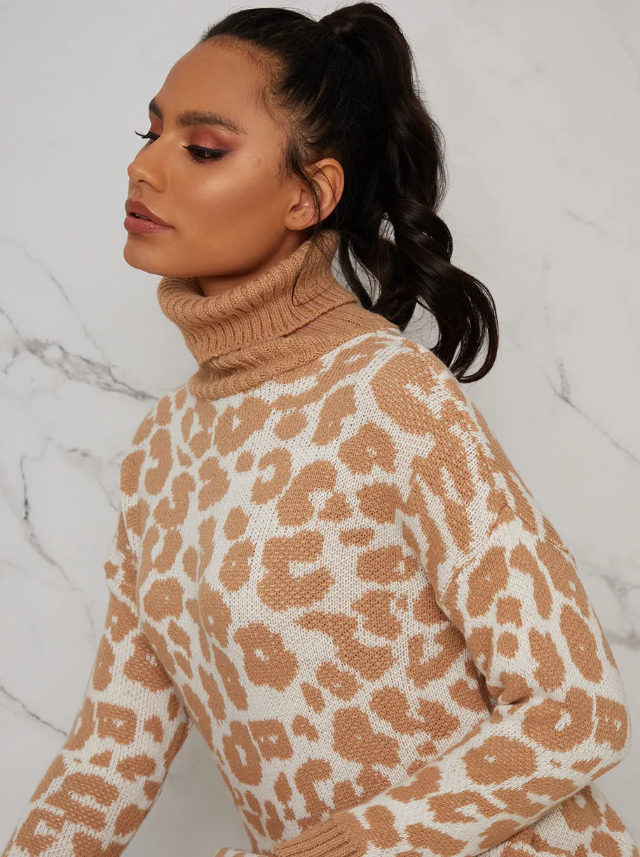 Long Sleeve Roll Neck Knitted Jumper Dress in Beige Animal Print sold by Chi Chi London product image thumbnail 3