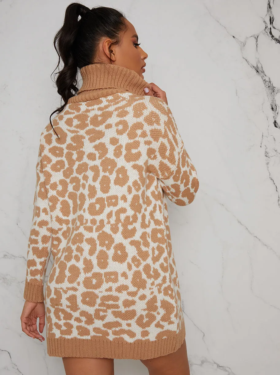 Long Sleeve Roll Neck Knitted Jumper Dress in Beige Animal Print sold by Chi Chi London product image thumbnail 4