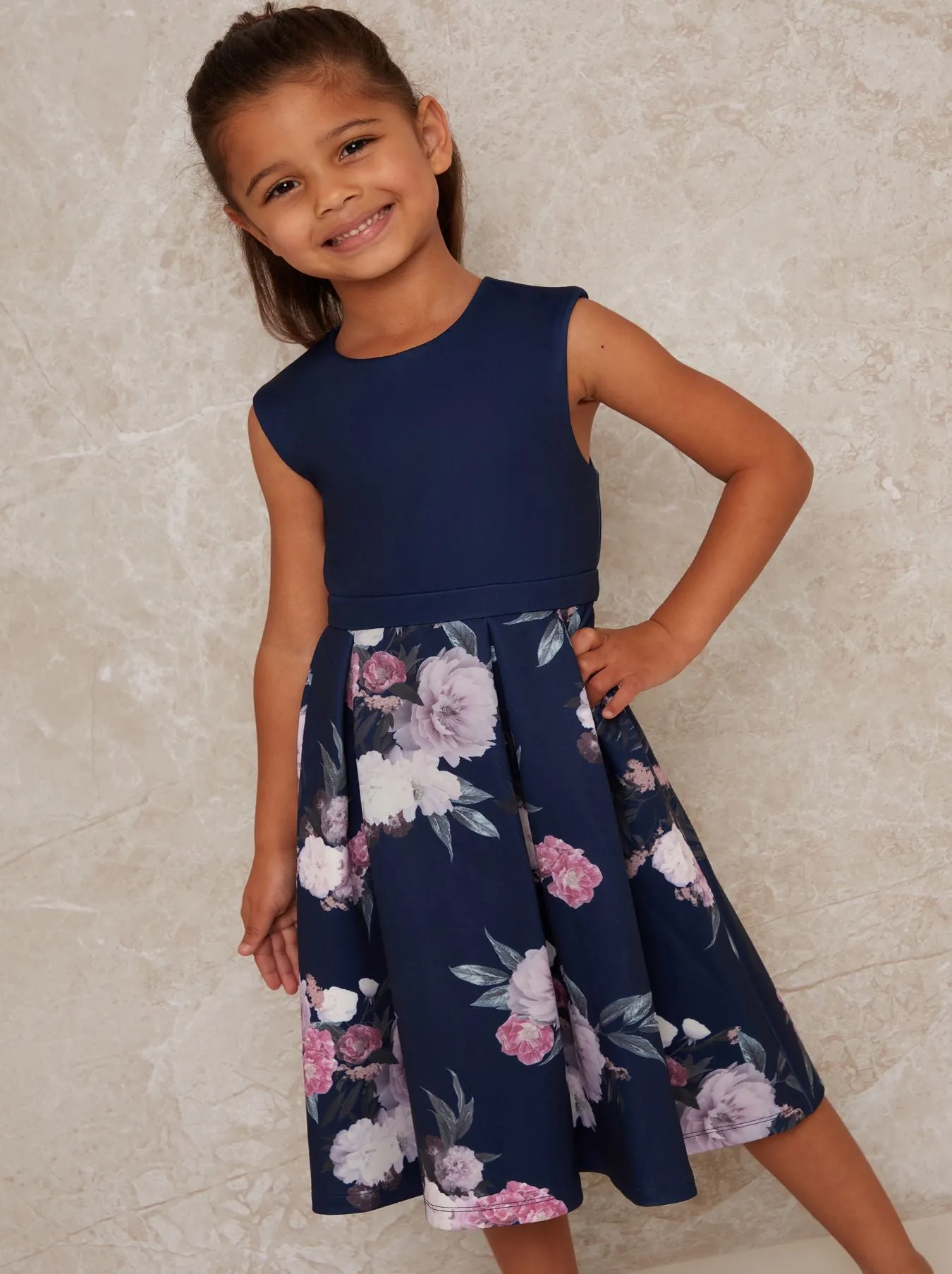 Girls Sleeveless Floral Midi Dress in Navy sold by Chi Chi London