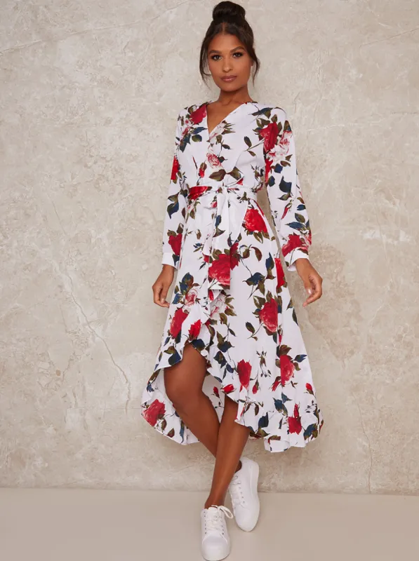 Wrap Design Ruffle Hem Print Midi Dress in White sold by Chi Chi London