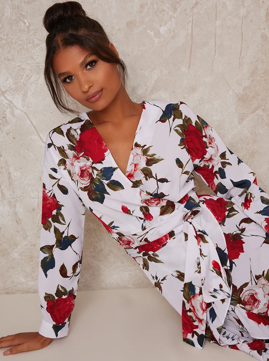 Wrap Design Ruffle Hem Print Midi Dress in White sold by Chi Chi London product image thumbnail 2