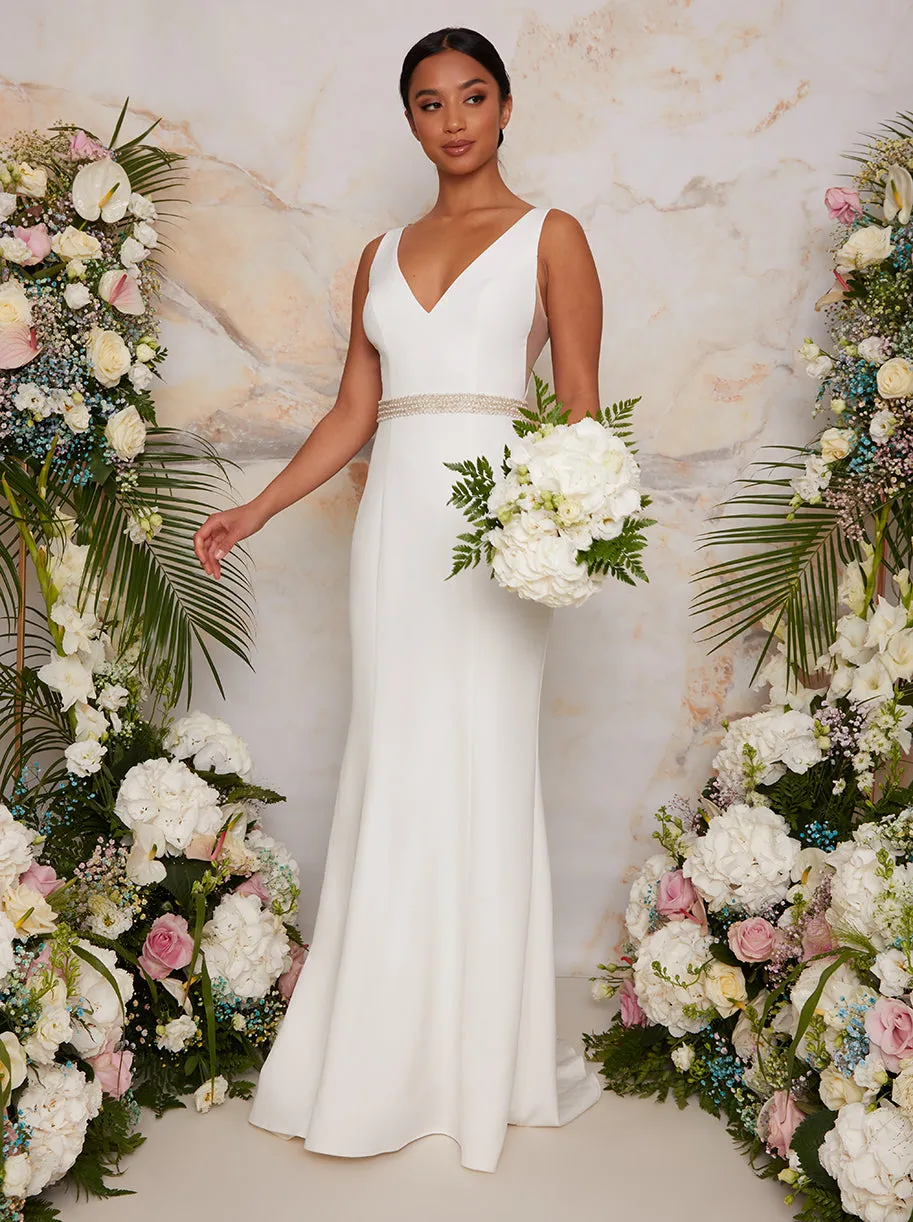 Petite Sleeveless Plunge Embellished Wedding Dress in White sold by Chi Chi London product image thumbnail 4