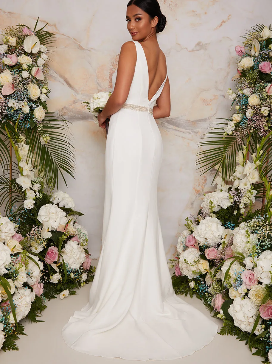 Petite Sleeveless Plunge Embellished Wedding Dress in White sold by Chi Chi London product image thumbnail 2