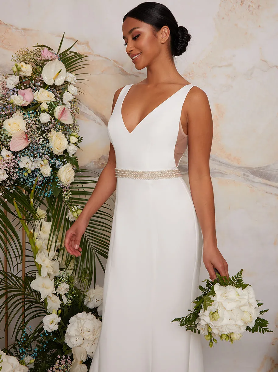 Petite Sleeveless Plunge Embellished Wedding Dress in White sold by Chi Chi London