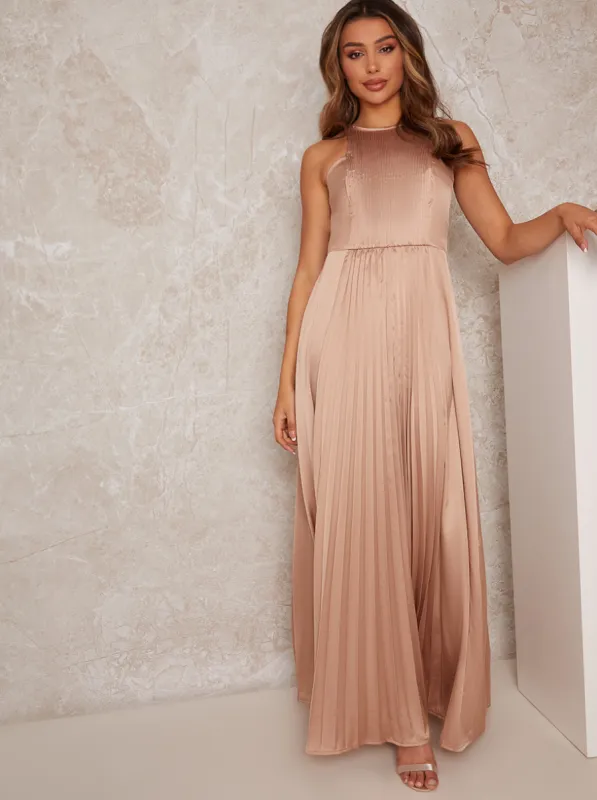 High Neck Satin Pleated Maxi Dress in Champagne sold by Chi Chi London