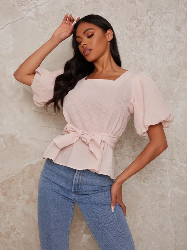 Puff Sleeve Cotton Top with Tie Detail in Pink sold by Chi Chi London