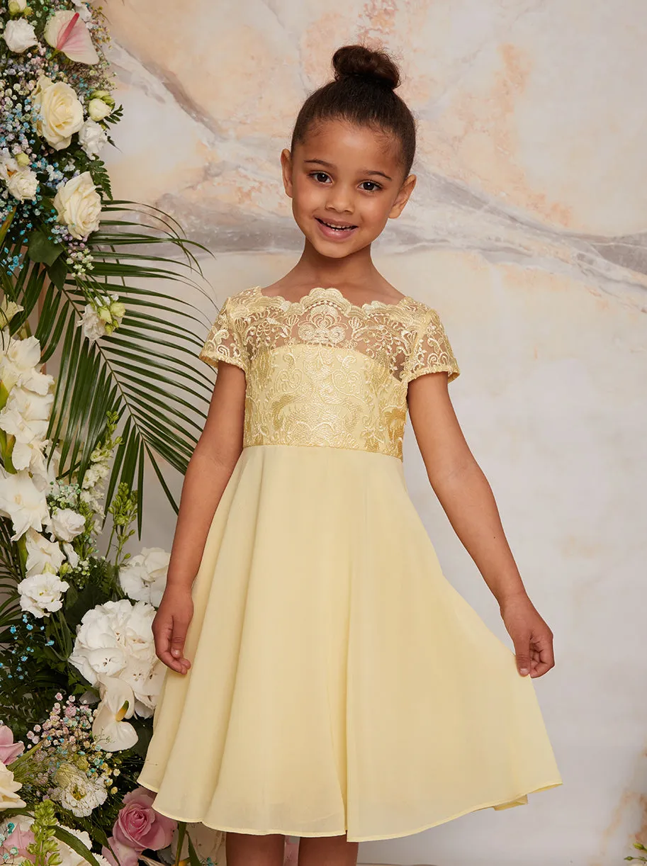 Girls Lace Bodice Flower Girls Dress in Lemon sold by Chi Chi London
