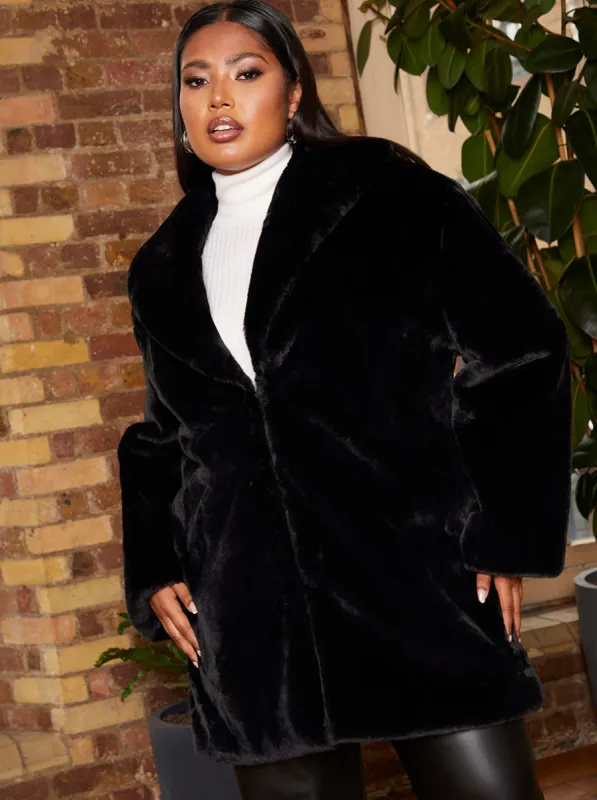 Plus Size Plush Faux Fur Coat in Black sold by Chi Chi London
