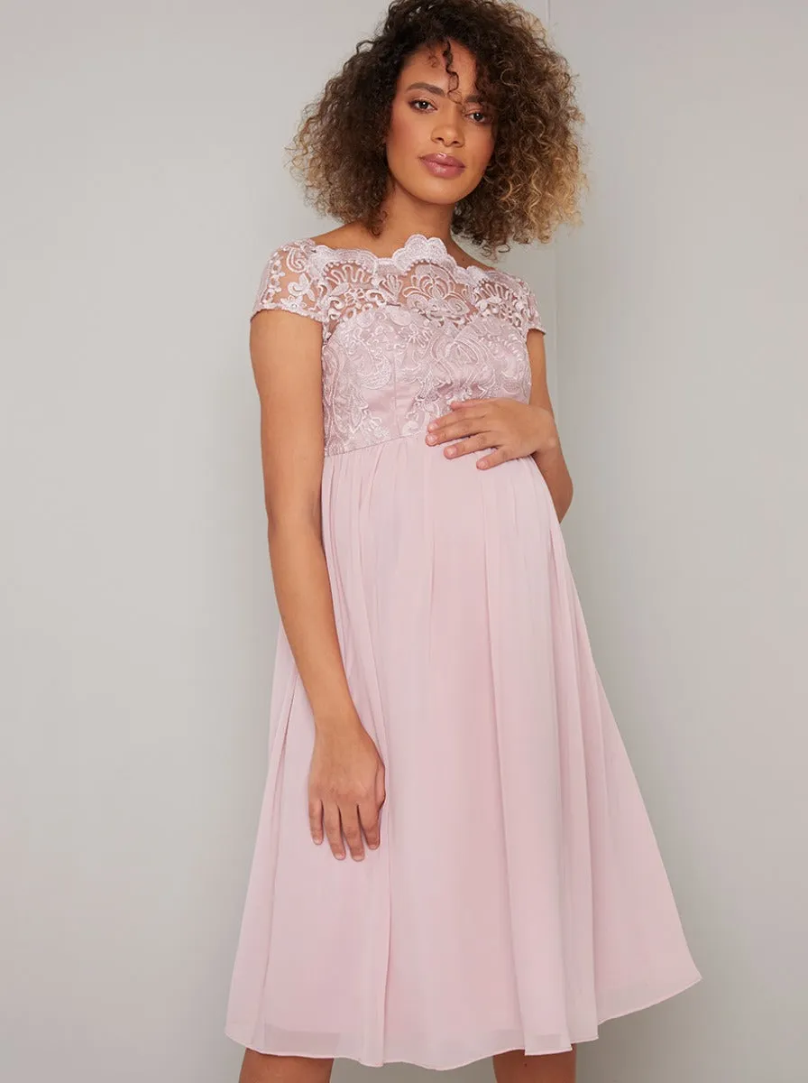 Embroidered Barquot Style Midi Maternity Dress in Pink sold by Chi Chi London