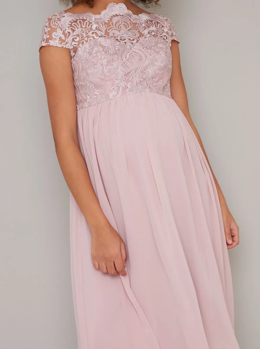 Embroidered Barquot Style Midi Maternity Dress in Pink sold by Chi Chi London product image thumbnail 3