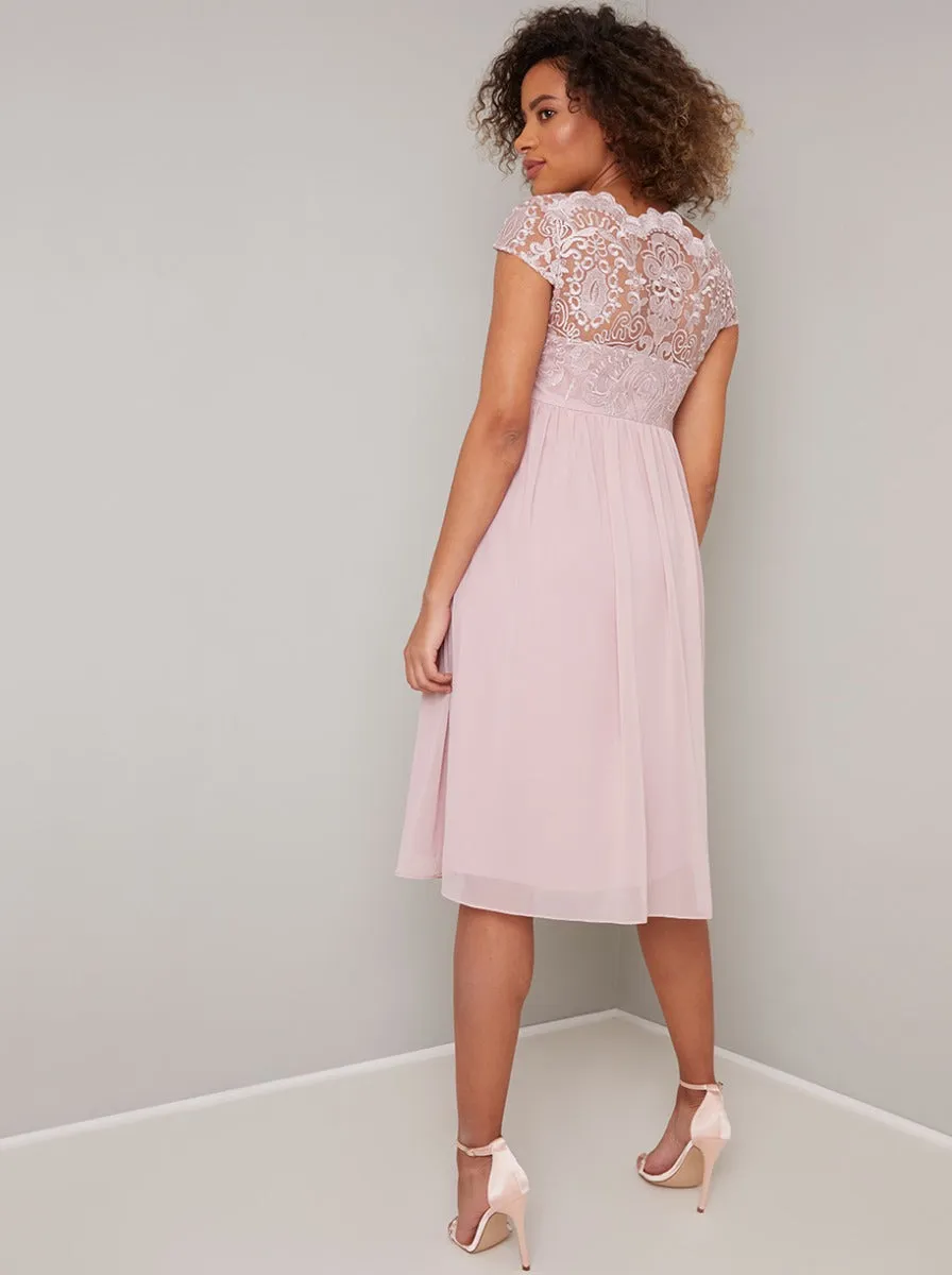 Embroidered Barquot Style Midi Maternity Dress in Pink sold by Chi Chi London product image thumbnail 4