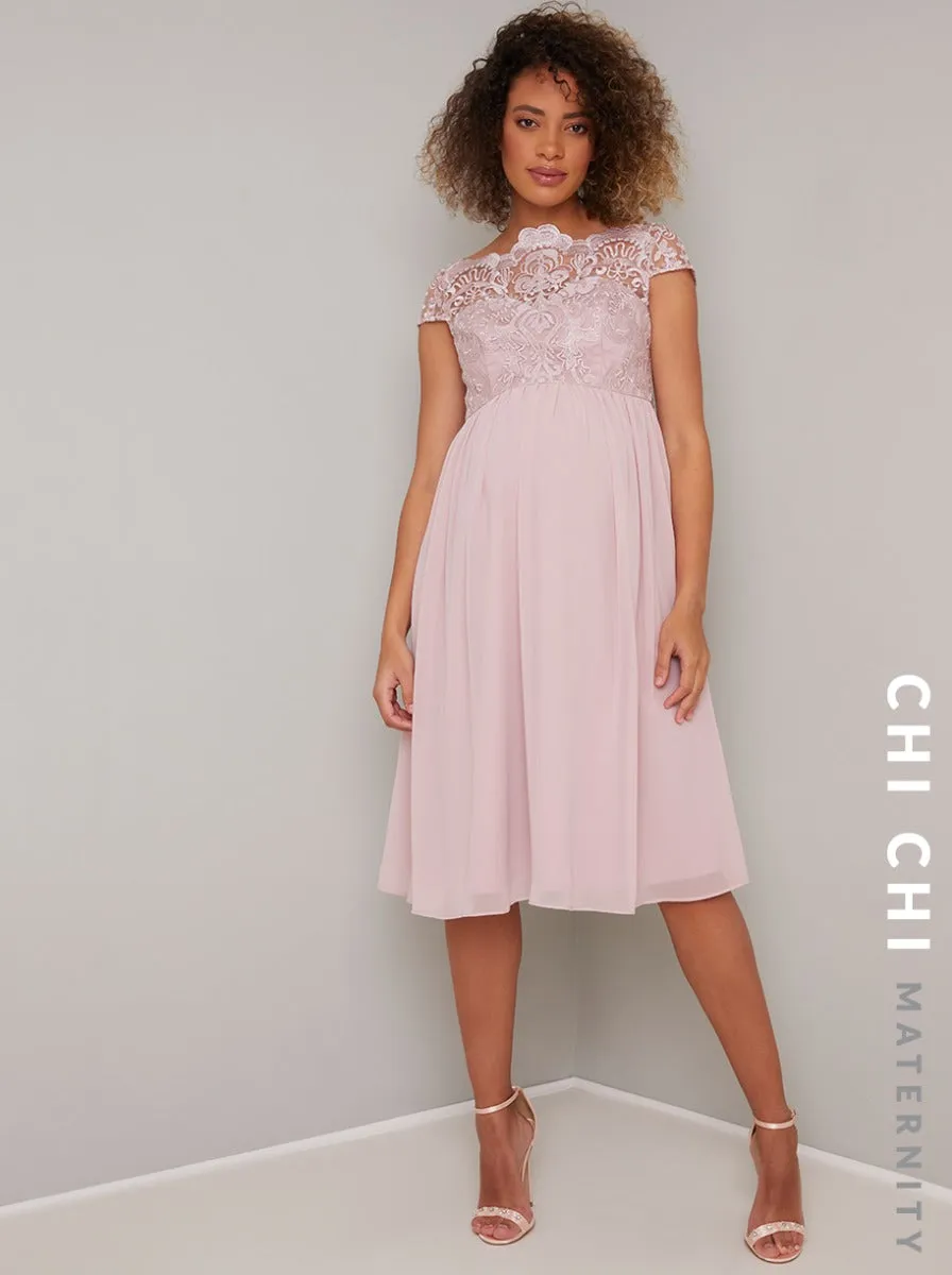 Embroidered Barquot Style Midi Maternity Dress in Pink sold by Chi Chi London product image thumbnail 2