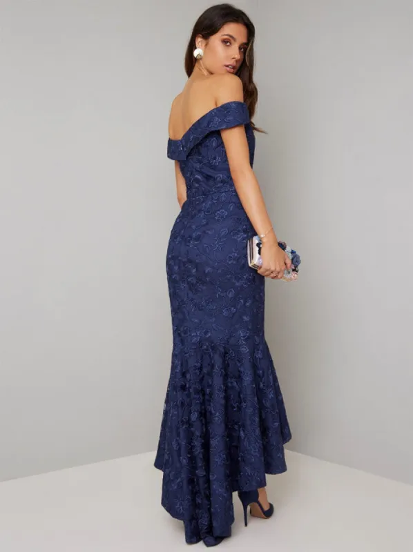 Fishtail Bodycon Dress with Bardot Neckline in Blue sold by Chi Chi London