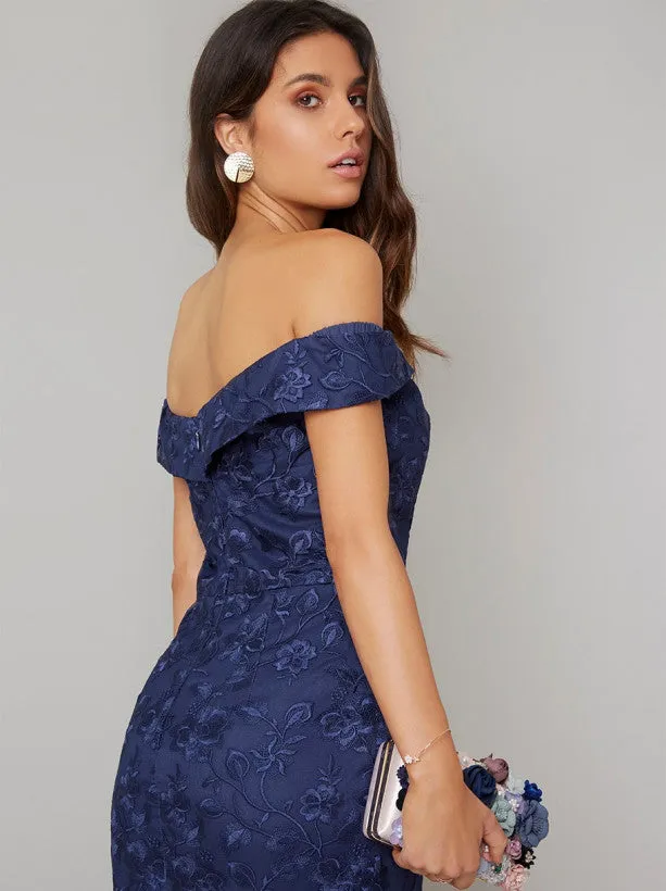 Fishtail Bodycon Dress with Bardot Neckline in Blue sold by Chi Chi London product image thumbnail 3