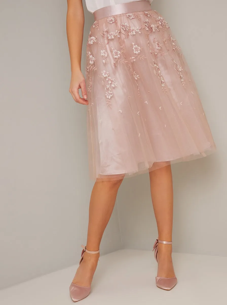 Embroidered Midi Skirt with Fitted Waistband in Pink sold by Chi Chi London product image thumbnail 3