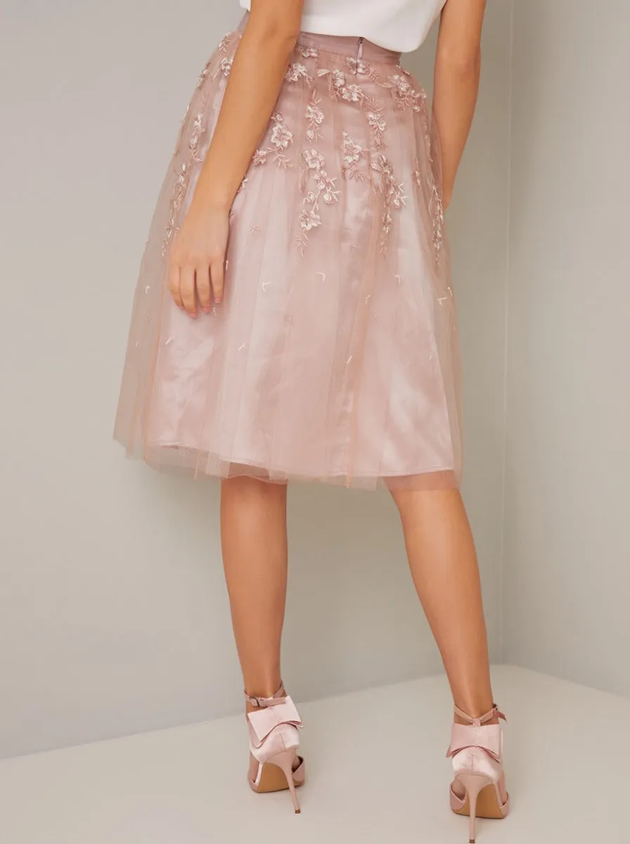 Embroidered Midi Skirt with Fitted Waistband in Pink sold by Chi Chi London product image thumbnail 4