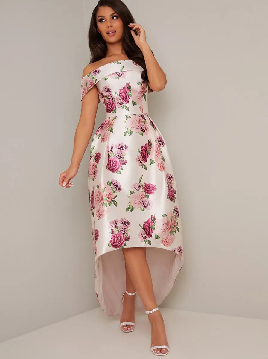 Bardot Floral Print Dip Hem Midi Dress in White sold by Chi Chi London