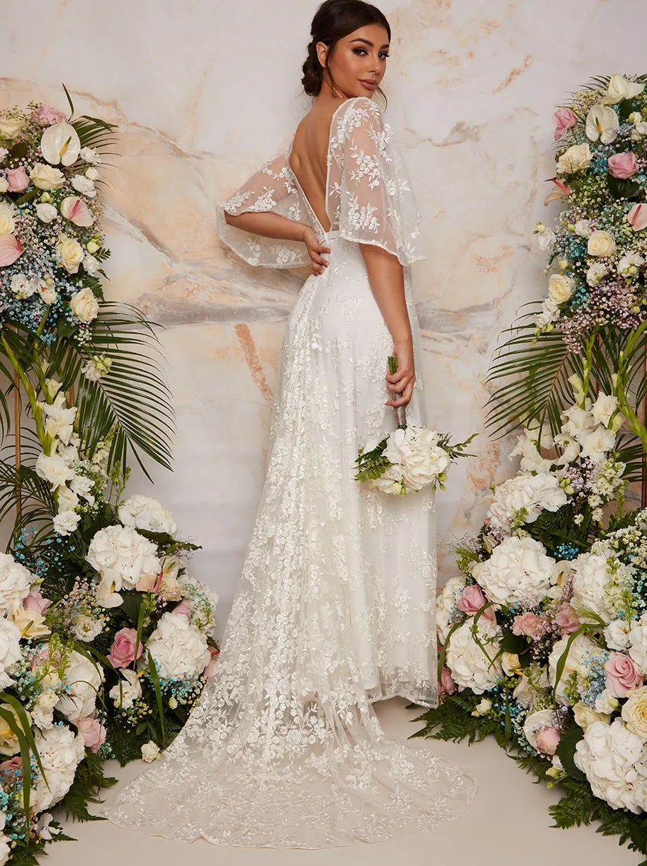 Flutter Sleeve Backless Lace Wedding Dress in White sold by Chi Chi London