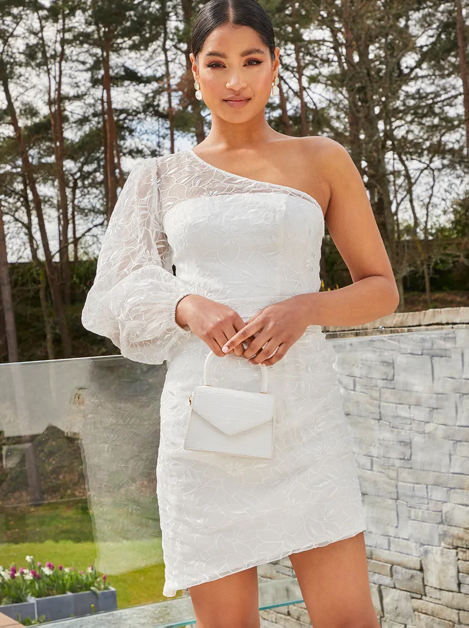 One Shoulder Balloon Sleeve Bodycon Dress in White sold by Chi Chi London
