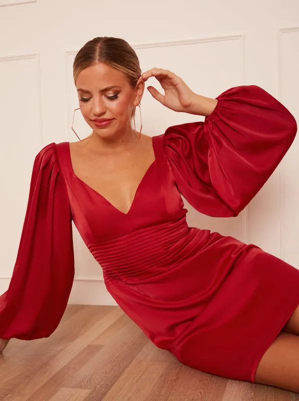 Balloon Sleeve Plunge Bodycon Dress in Red sold by Chi Chi London