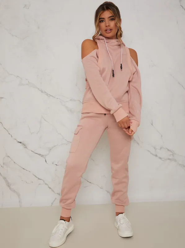Cold Shoulder Hooded Loungewear Set in Pink sold by Chi Chi London