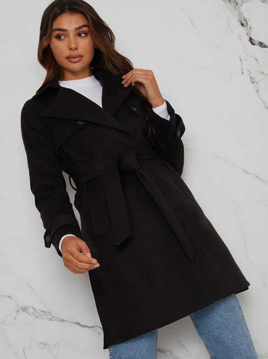 Double Breasted Coat with Waist Tie in Black sold by Chi Chi London