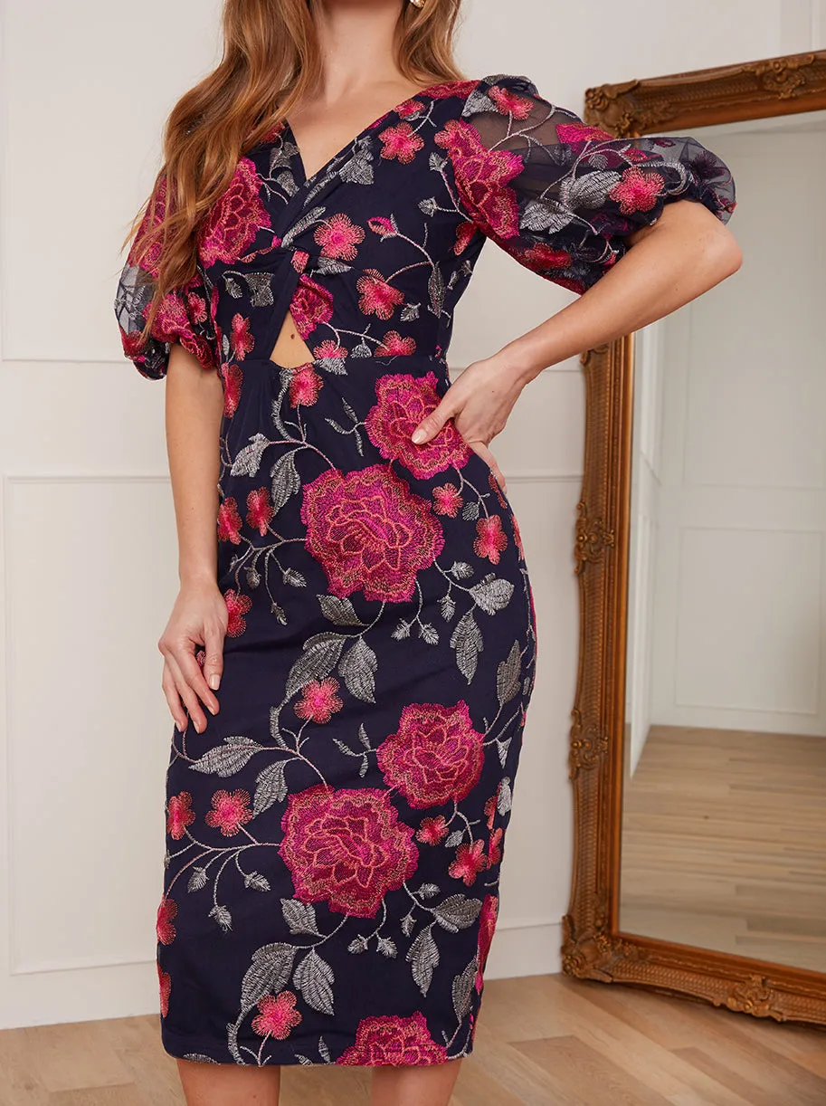 Petite V Neck Floral Bodycon Dress in Navy sold by Chi Chi London product image thumbnail 5