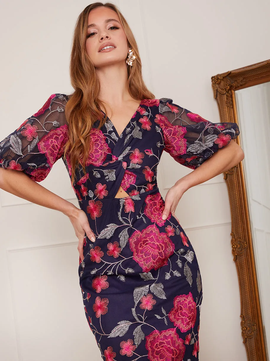 Petite V Neck Floral Bodycon Dress in Navy sold by Chi Chi London product image thumbnail 2