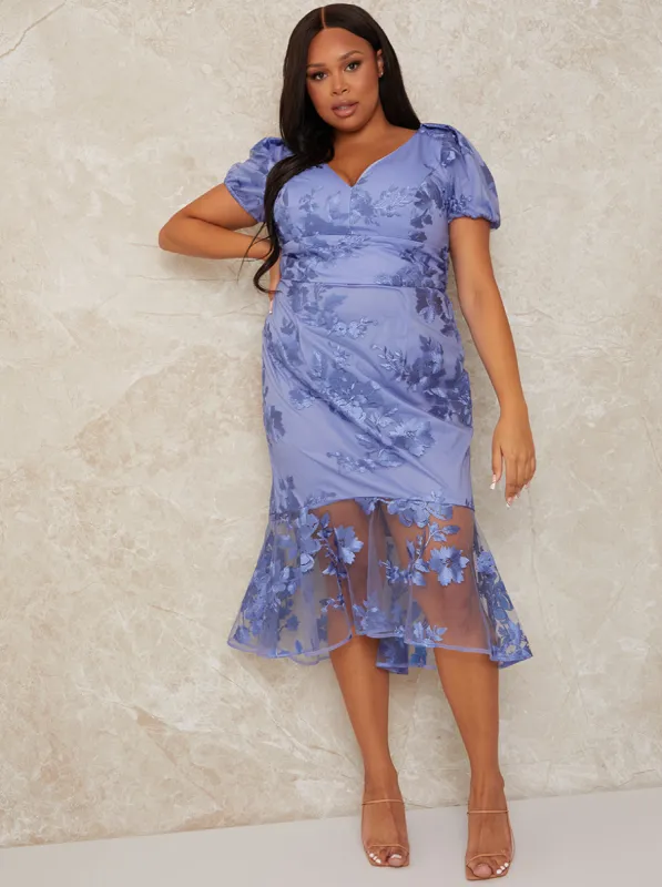 Plus Size V Neck Puff Sleeve Embroidered Bodycon Dress in Blue sold by Chi Chi London