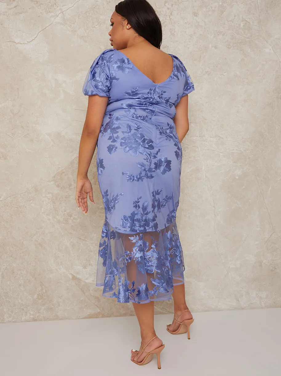 Plus Size V Neck Puff Sleeve Embroidered Bodycon Dress in Blue sold by Chi Chi London product image thumbnail 3