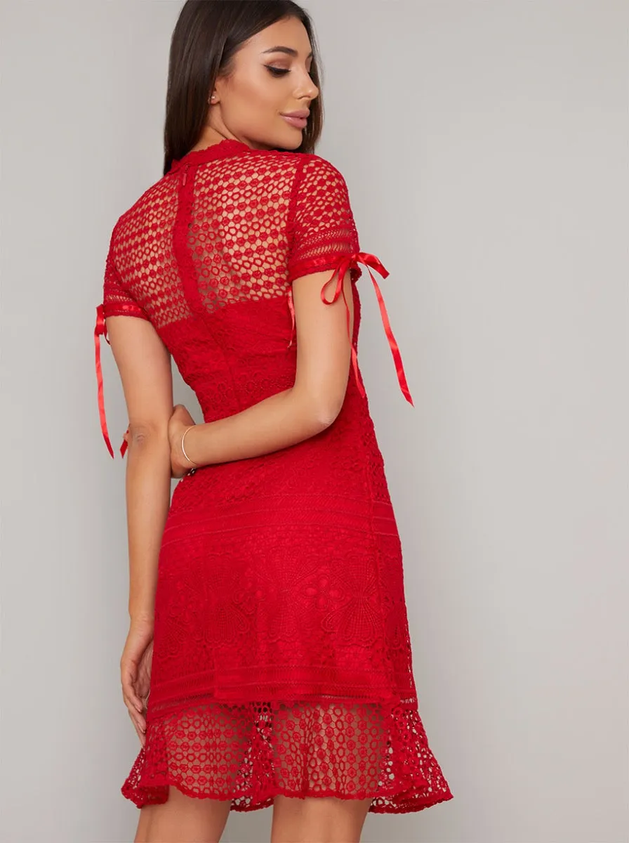 Crochet Design Peplum Hem Bodycon Dress in Red sold by Chi Chi London product image thumbnail 2