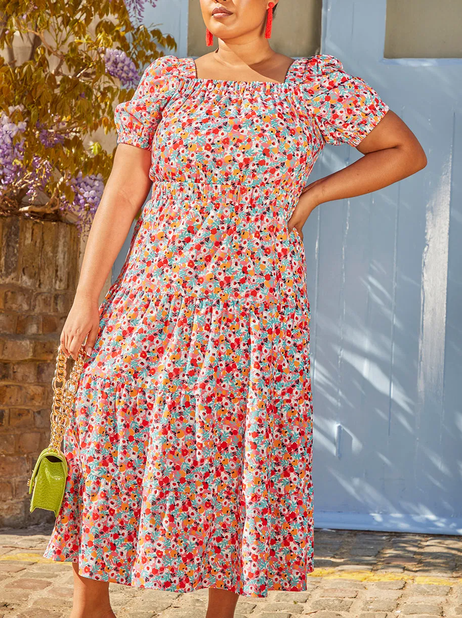 Plus Size Cross Back Puff Sleeve Floral Midi Dress in Red sold by Chi Chi London product image thumbnail 5