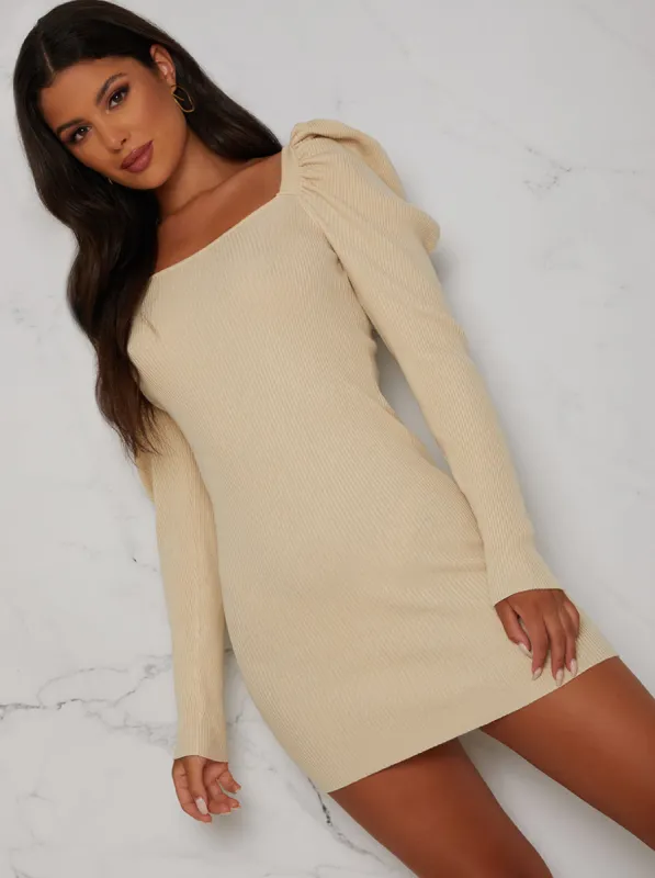 Sweetheart Neckline Puff Sleeve Knitted Jumper Dress in Cream sold by Chi Chi London