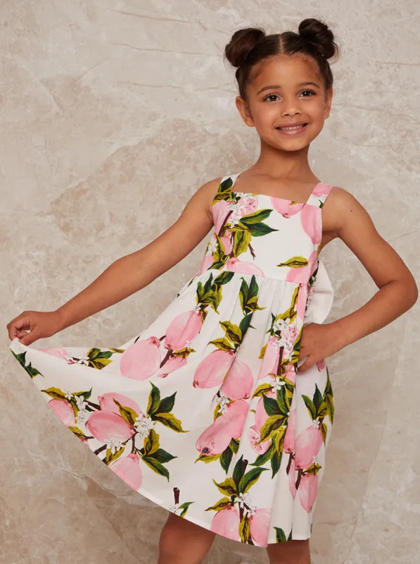 Girls Fruit Print Midi Dress with Bow Back in White sold by Chi Chi London