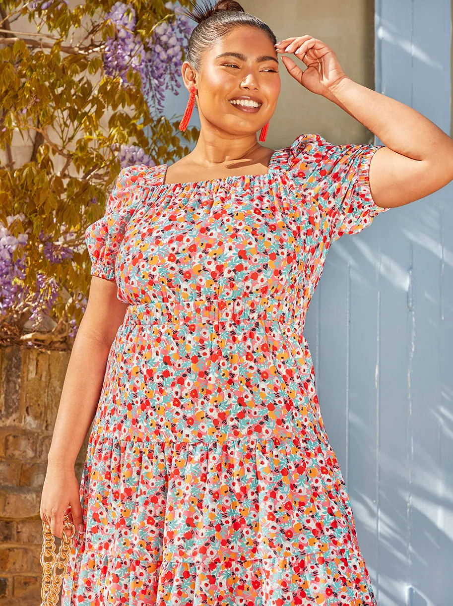 Plus Size Cross Back Puff Sleeve Floral Midi Dress in Red sold by Chi Chi London product image thumbnail 3