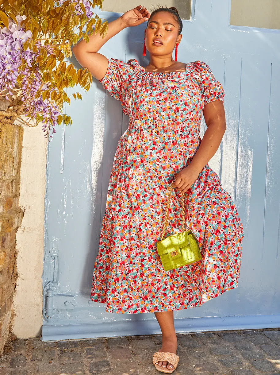 Plus Size Cross Back Puff Sleeve Floral Midi Dress in Red sold by Chi Chi London product image thumbnail 2