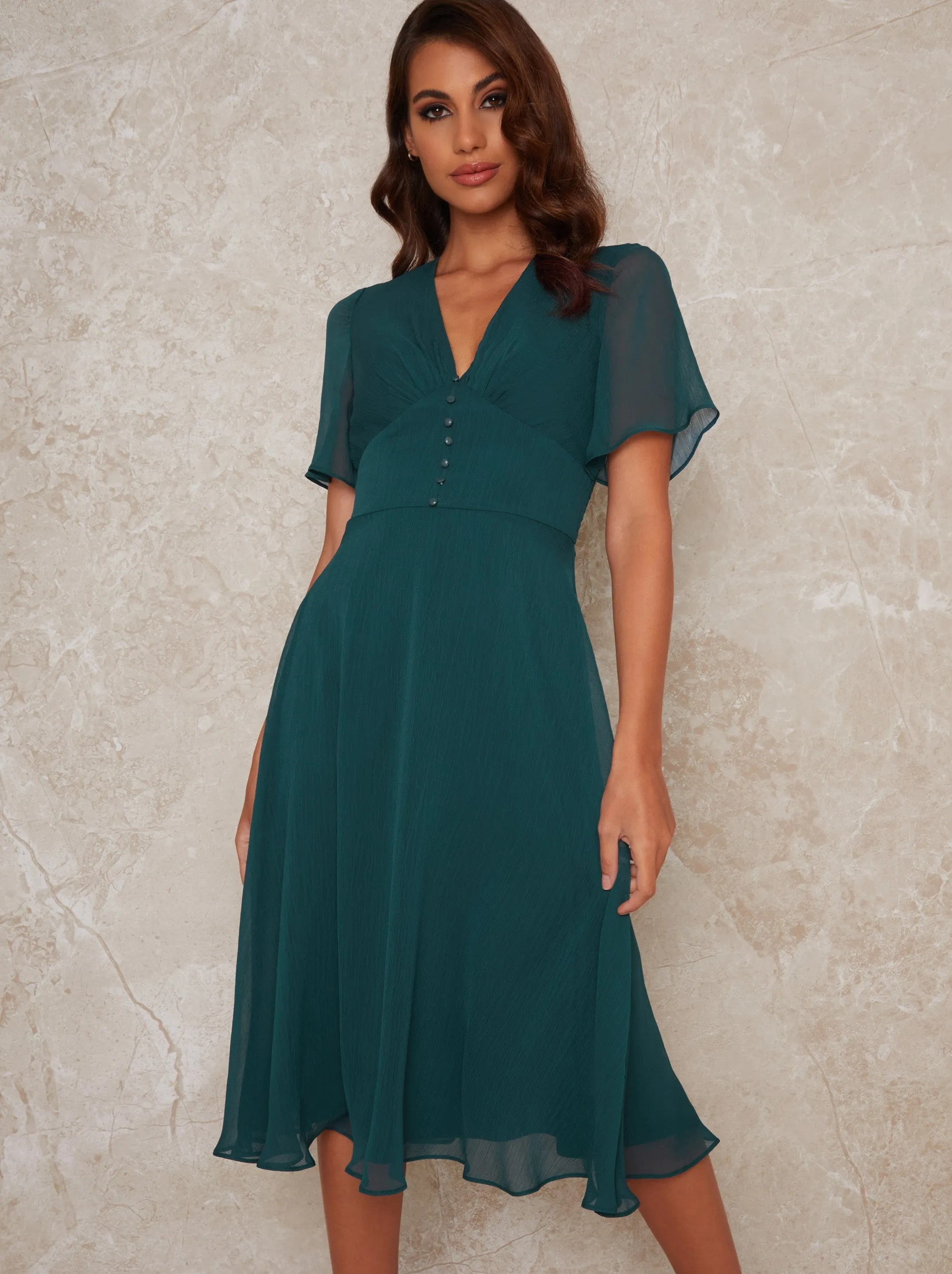 Ruffle Hem Cap Sleeve Silky Midi Dress in Green sold by Chi Chi London product image thumbnail 2