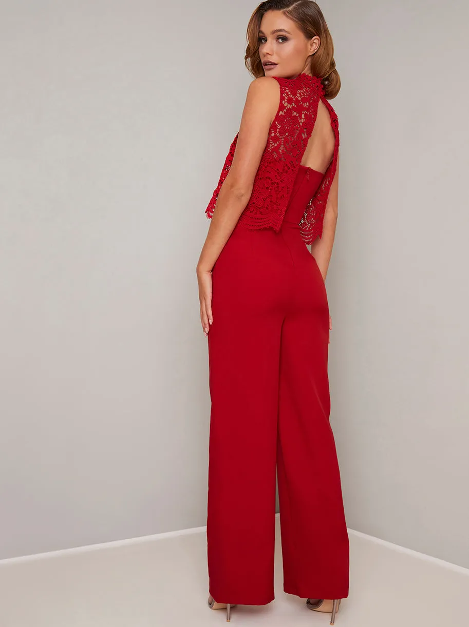 Lace Overlay Flared Leg Jumpsuit in Red sold by Chi Chi London product image thumbnail 4