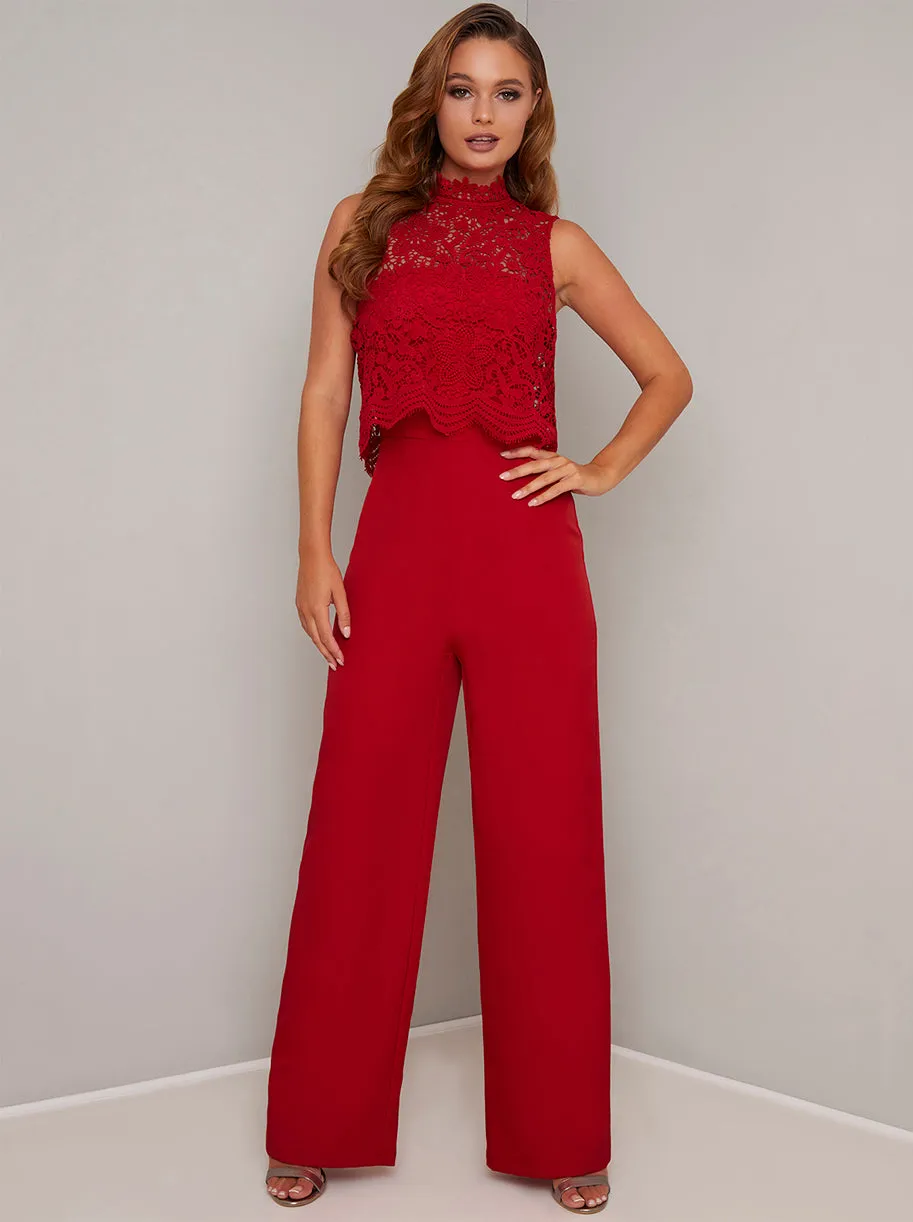 Lace Overlay Flared Leg Jumpsuit in Red sold by Chi Chi London